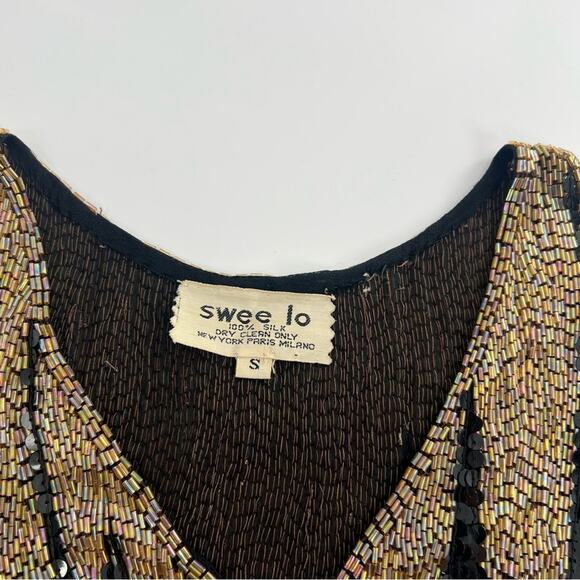 Vintage Swee Lo silk sequin beaded top gold black sz S - Picture 4 of 6